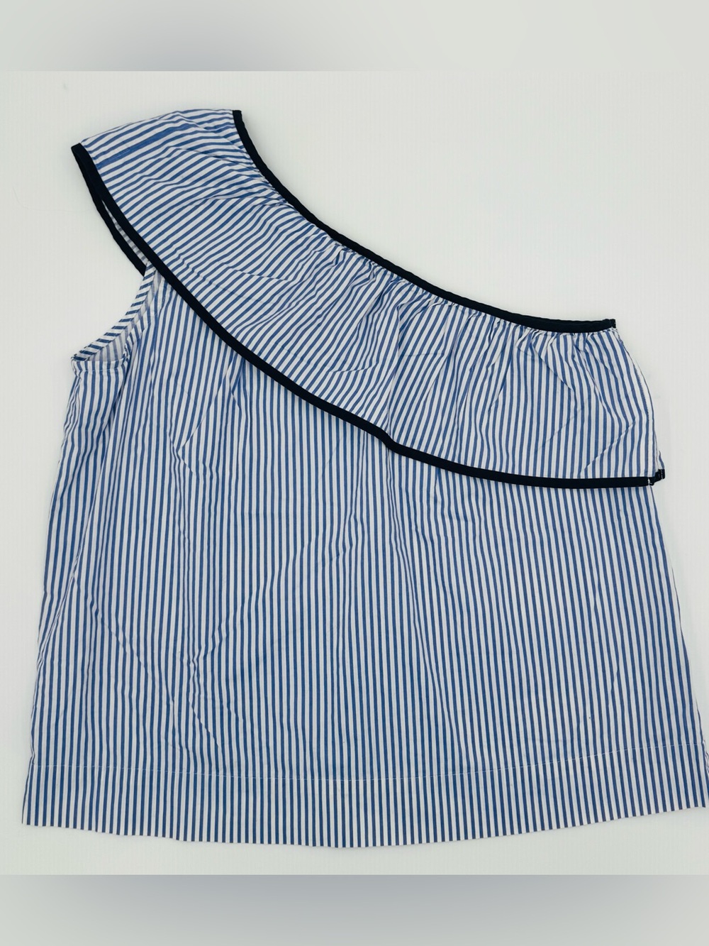 J. Crew Striped One-Shoulder Ruffle Top - Blue/White Stripped. Size 2.
